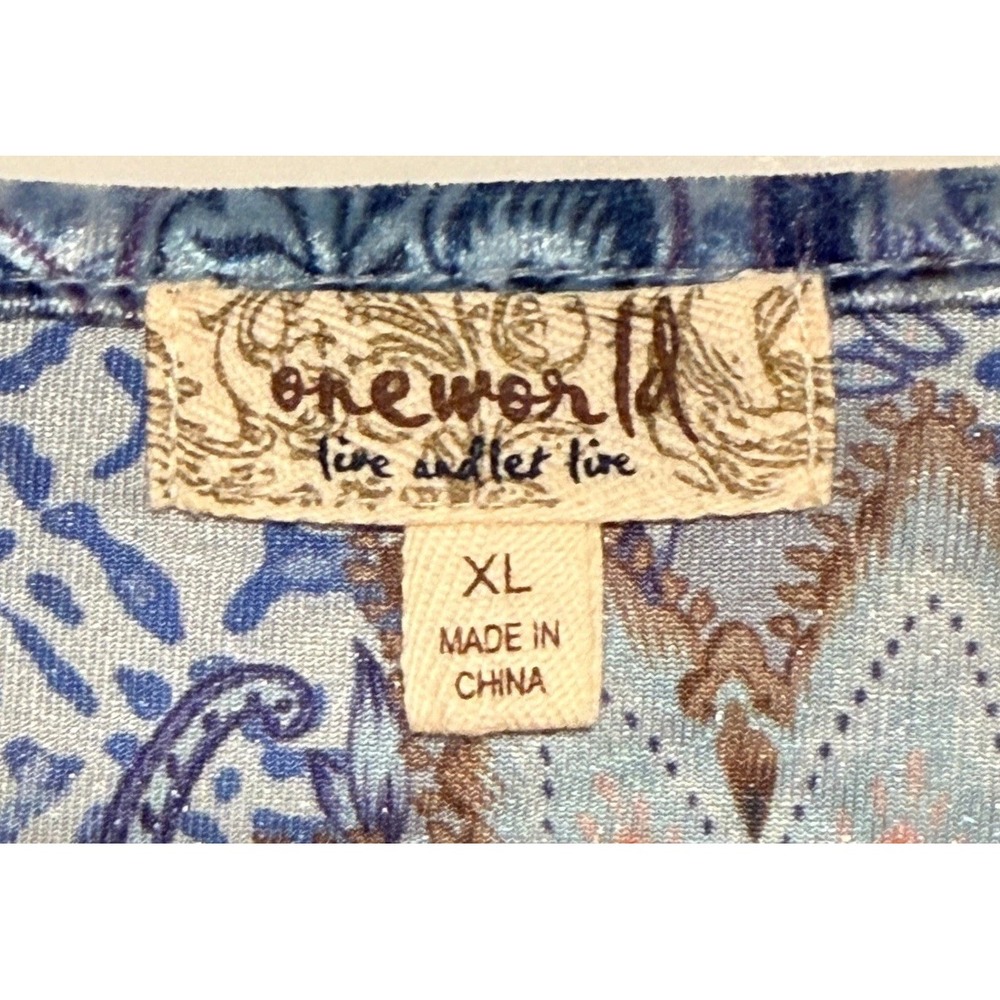 One World Blue Paisley Velvet Sheer Embellished Asymmetric Top XL NWT Boho Fairy - Picture 2 of 16